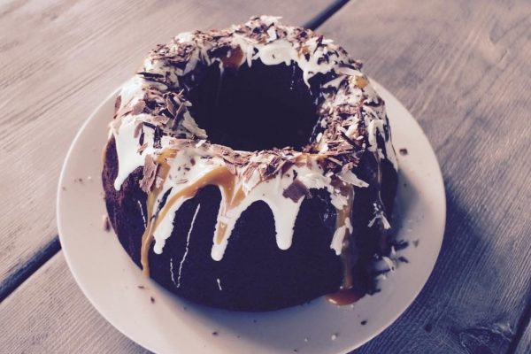 Chocolate Bundt Cake with White Chocolate & Salted Caramel